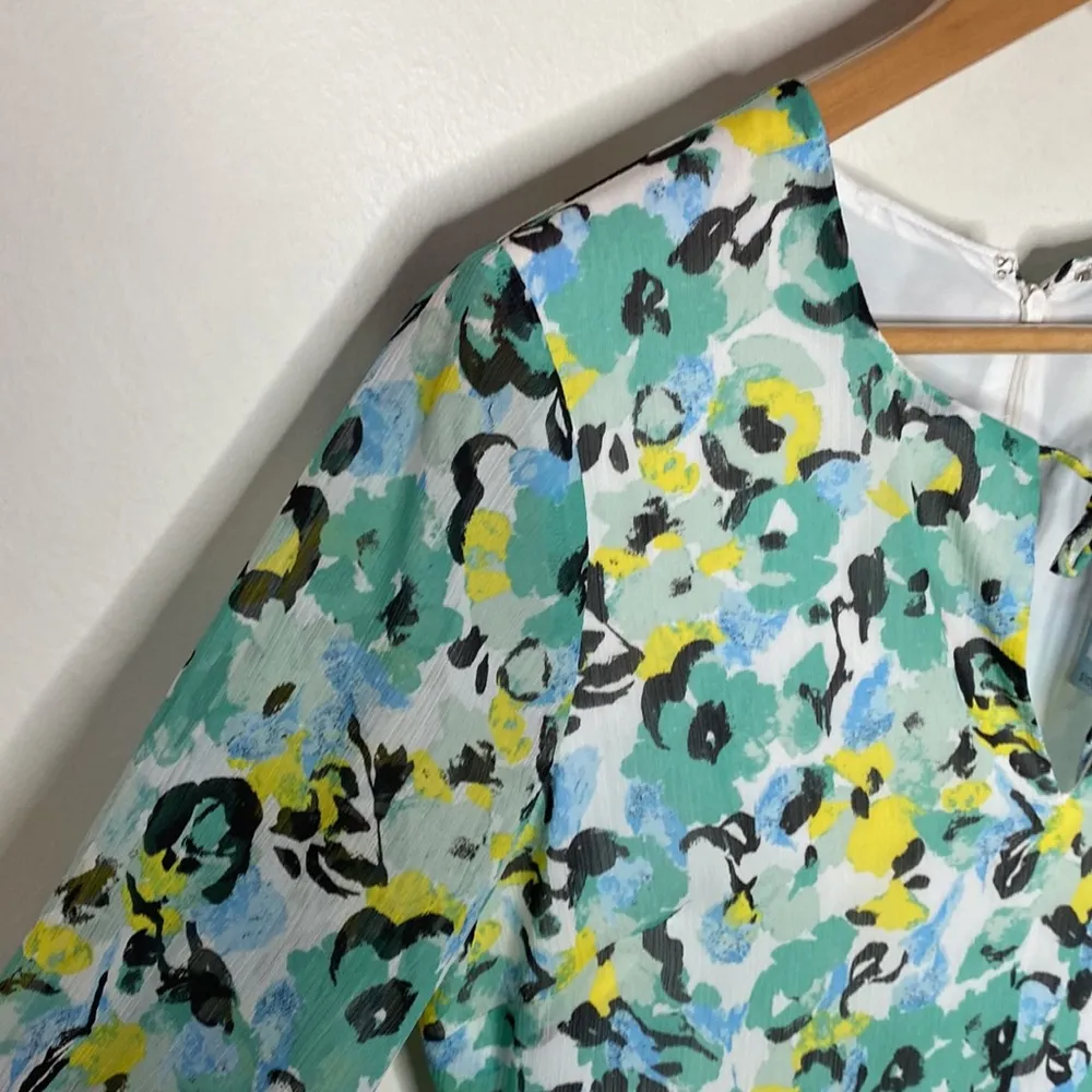 Ann Taylor Factory crinkle chiffon floral tiered ruffled keyhole neck dress 10p Green - Image 4