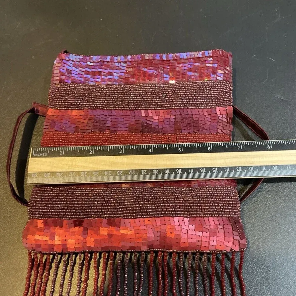 Crossbody Purse Bag Fringe Beaded Sequins Burgundy Boho Cocktail‎ Party Evening - Image 5