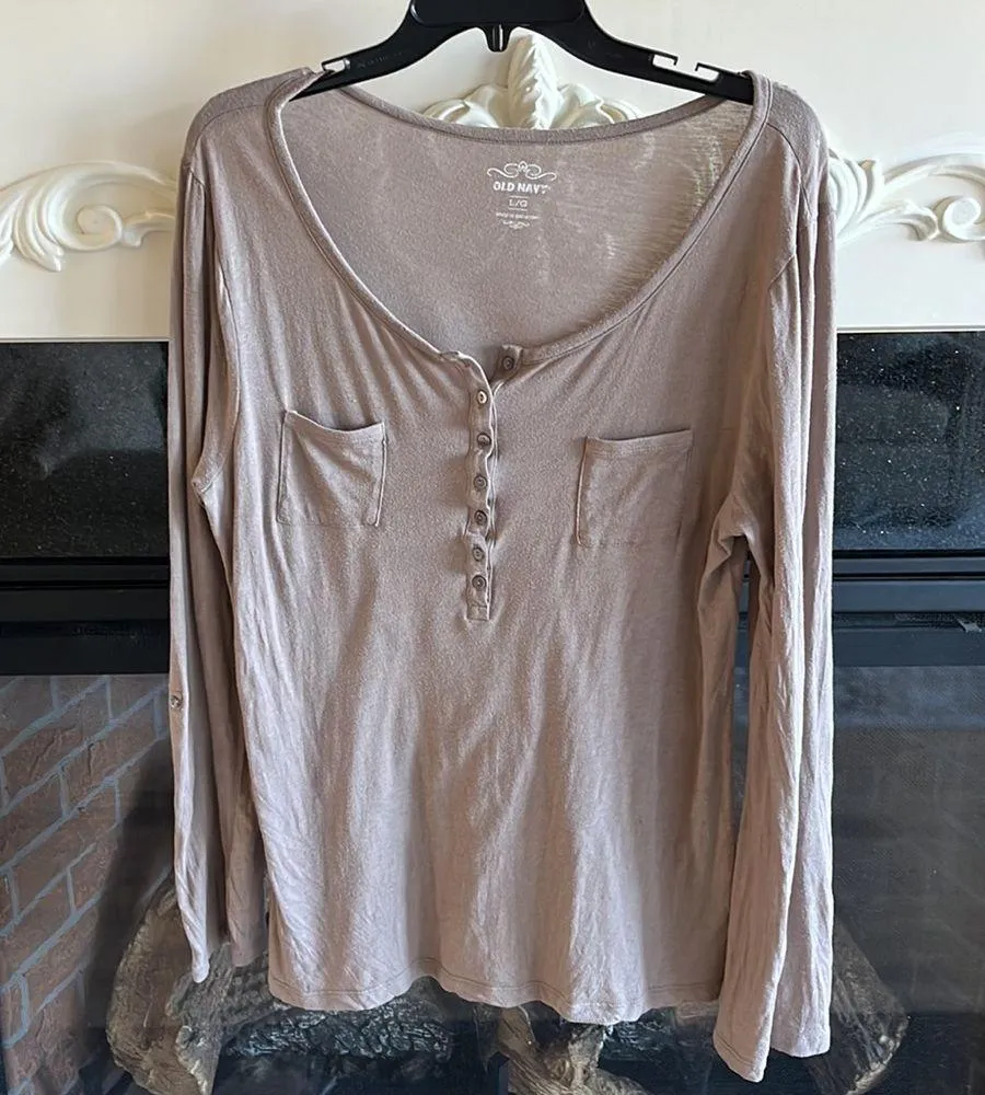 Old Navy Henley Tan Shirt Comfy Roll Tab Sleeve Cotton - Image 13