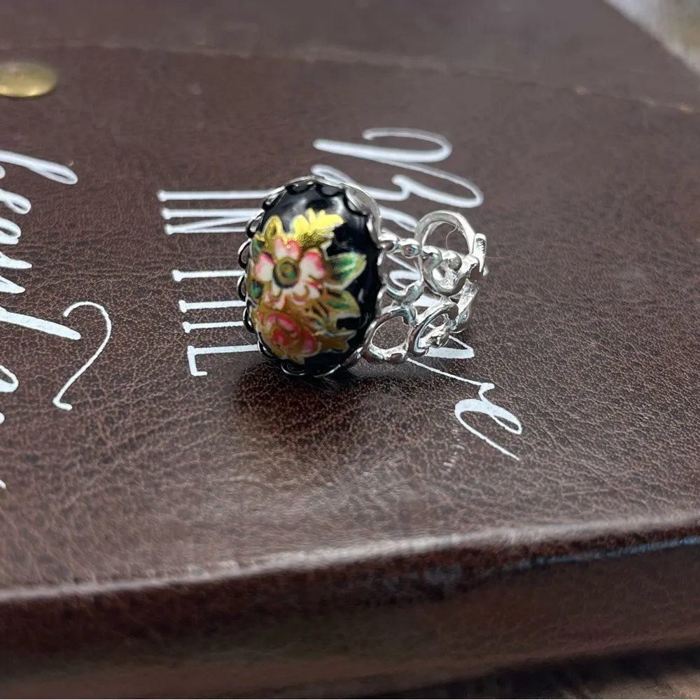 Vintage Floral Glass Cameo Ring | Adjustable Stainless Steel | Holiday Gift Black - Image 9