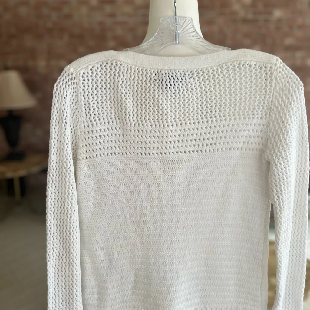 Tahari Sweater Crewneck Open Knit White Long Sleeve XS Preppy Classic Casual - Image 9