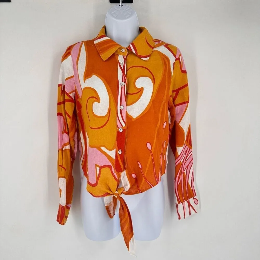 NWT Rachel‎ Zoe Floral Linen Cropped Button Down Shirt Orange Small Tie Front - Image 12