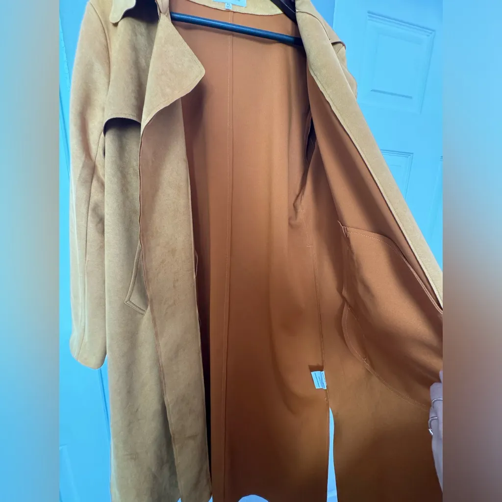 Solitaire • Faux Suede Long Jacket Coat • XL • Mustard Yellow Orange • Pockets - Image 4