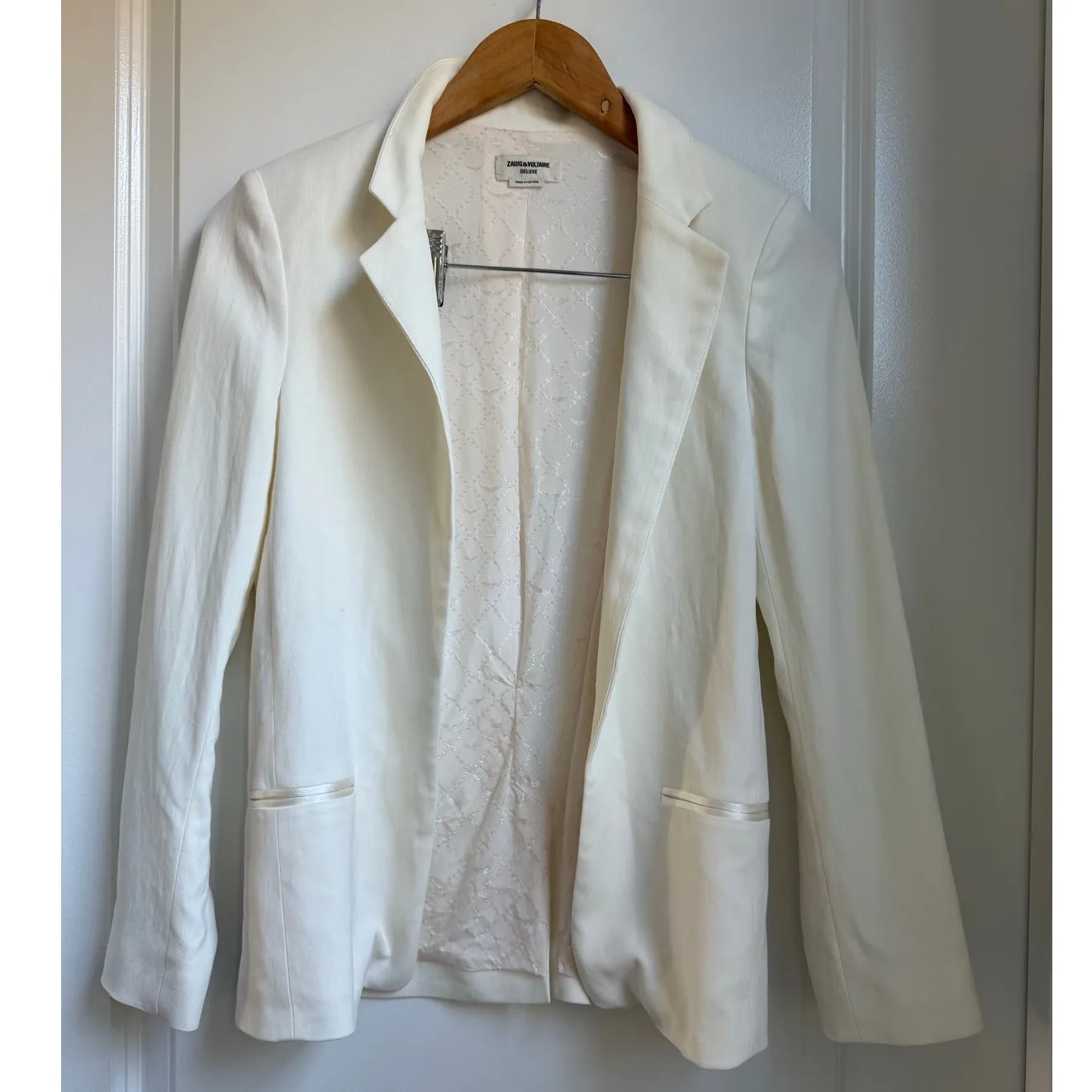 ZADIG & VOLTAIRE Cream‎ VOLLY Crepe Notch Collar Jacket EU 34 US XS Open Front - Image 6