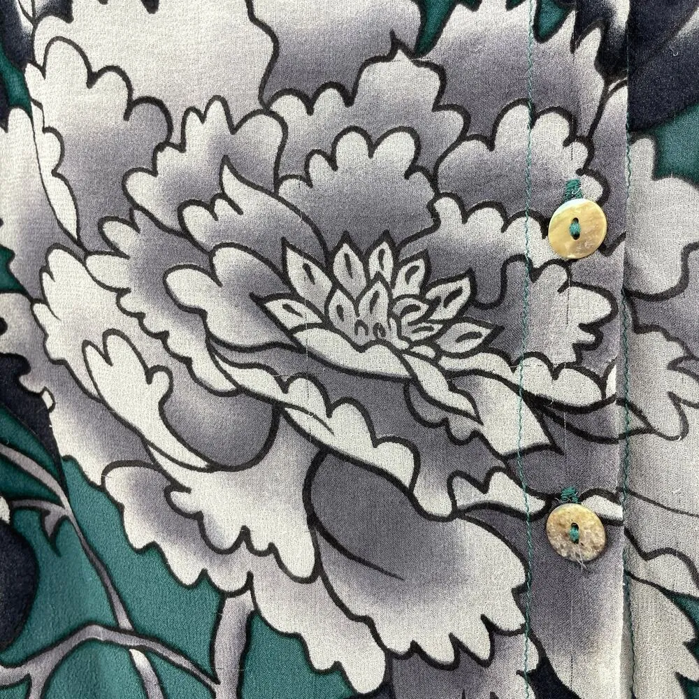 Citron Santa Monica Blouse Womens Medium Green Gray Silk Floral V - Image 7