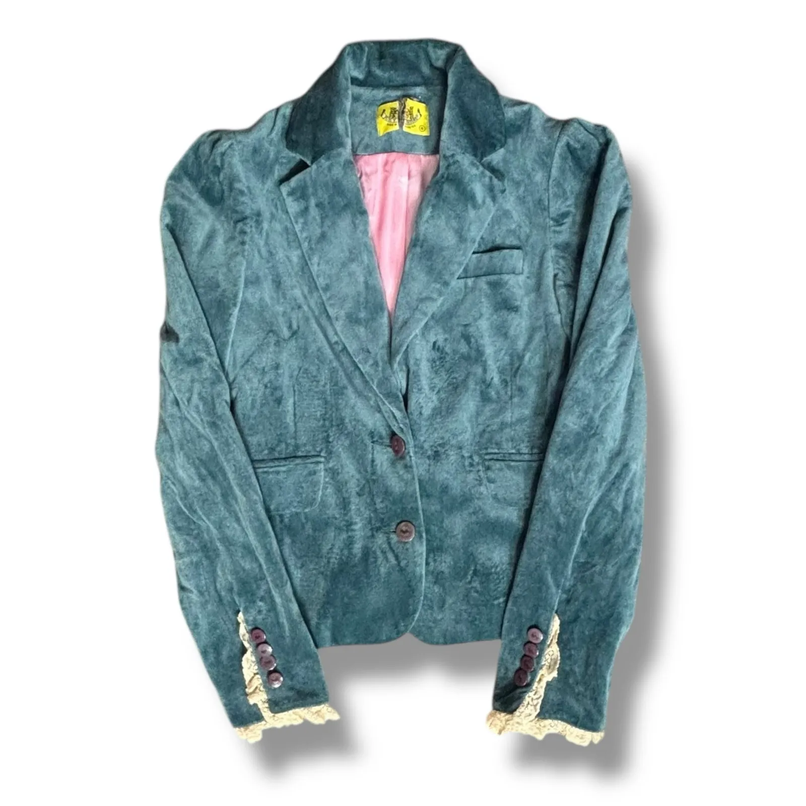 Vintage Juicy Couture Teal Velour Blazer Lace Cuff XS Gothic Romance Coquette - Image 2