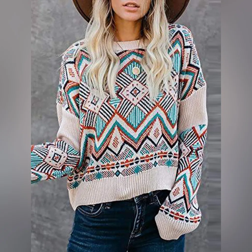 En Creme Aztec Print Multicolor Geometric Sweater Blue Size L - Image 2