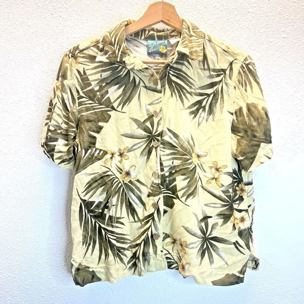 90s Bahama Beach Tropical Hawaiian Floral Hibiscus Shirt Sage Green Yellow S - Image 2