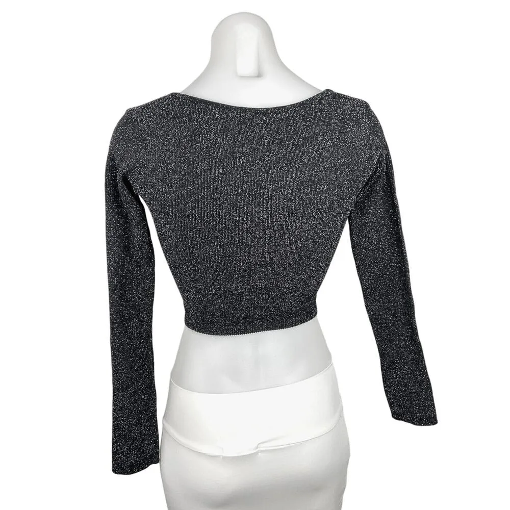 Zara Black Ribbed Knit Scoop Neck Long Sleeve Speckled Sweater Crop Top Sz XS/S - Image 2