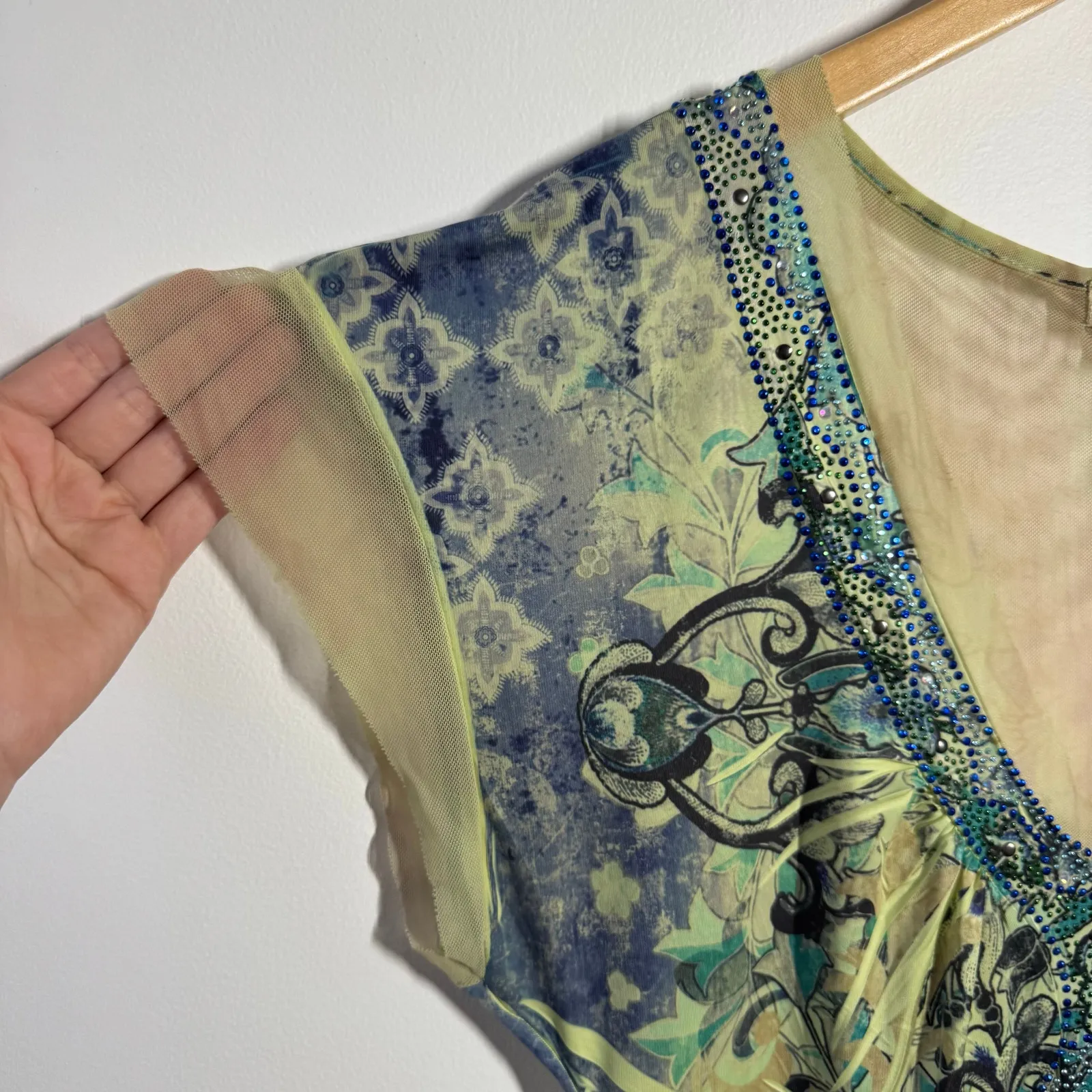 One World Top Women M Lime Green Mesh Sheer Back Bling Sparkly Fairy Y2K Babydol - Image 4