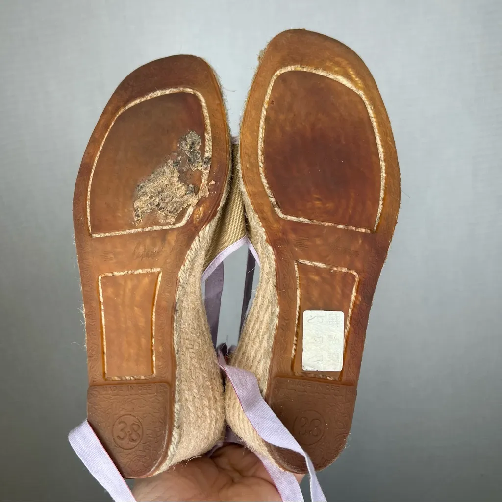 Anya Hindmarch | Canvas Wedge Tan and‎ Purple Espadrille Shoes Ankle Ties Bow 8 - Image 5