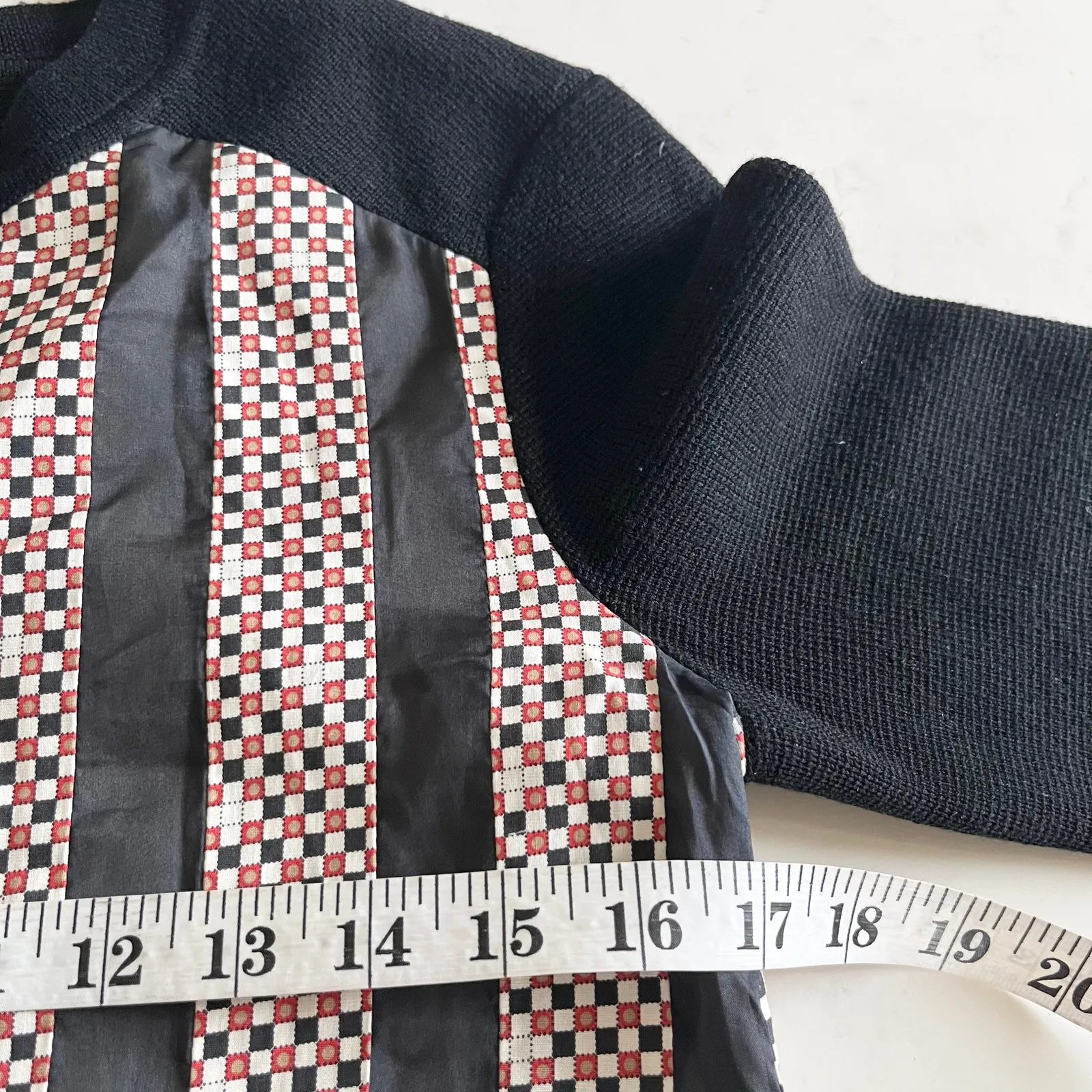 Tory Burch Black Merino Wool Geometric Striped Silk Panel Crewneck Sweater Sz XS - Image 6