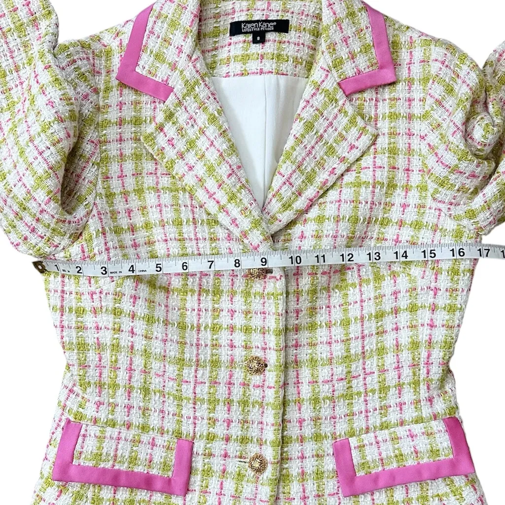 Karen Kane Lifestyle Petites Tweed Pink & Green Tweed Jewel Button Blazer Size 8 - Image 9