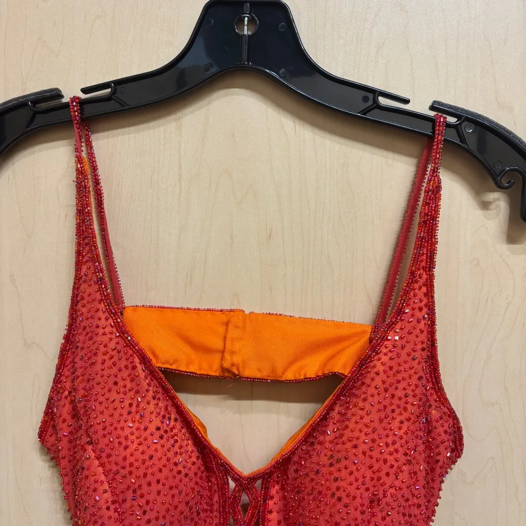 SCALA Vintage Orange Beaded Long Formal Prom Dress Backless Y2K 1990 100% Silk Red Size 6 - Image 2