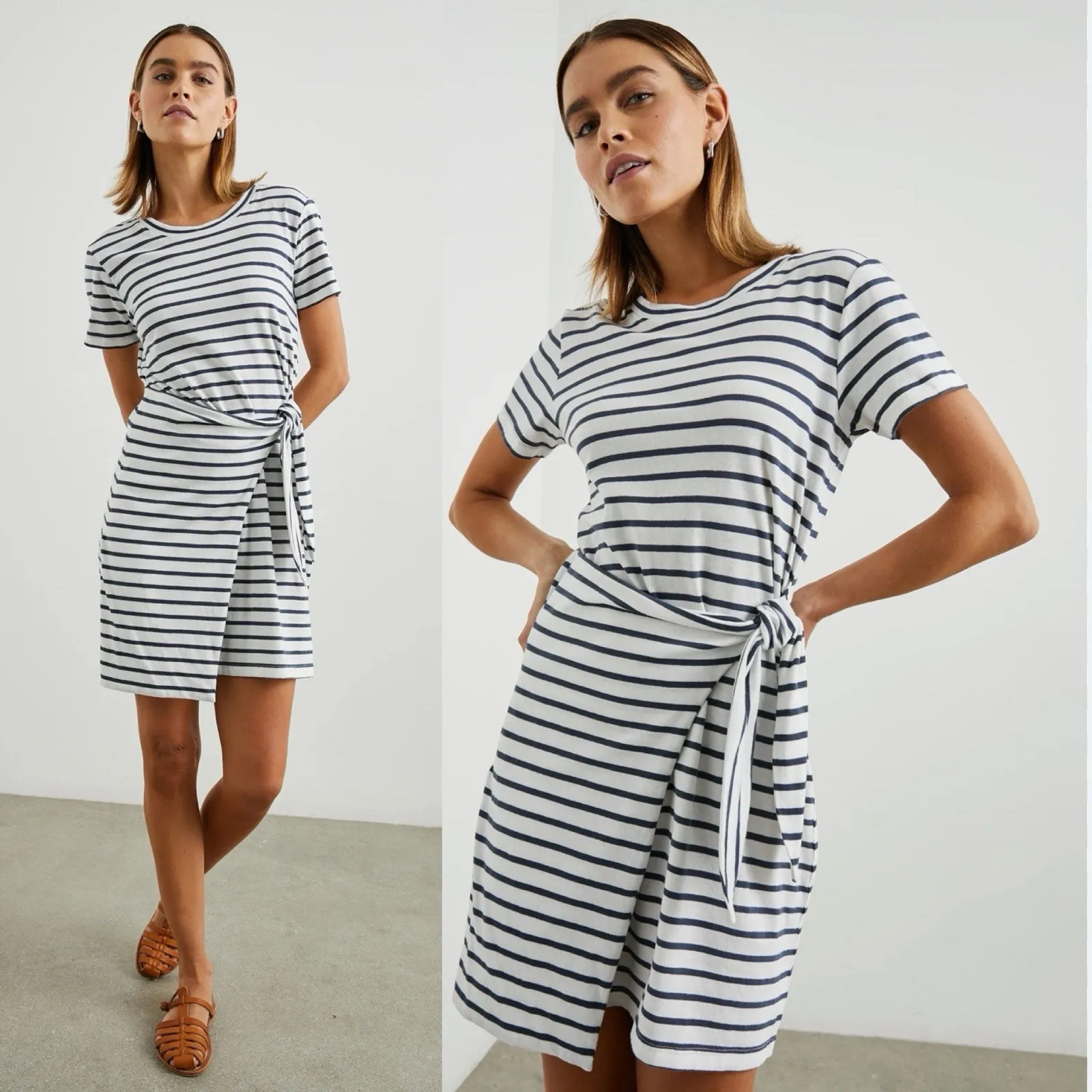 Rails Edie Faux Wrap Mini Jersey T-Shirt Dress Ivory Navy Stripe size Small - Image 2