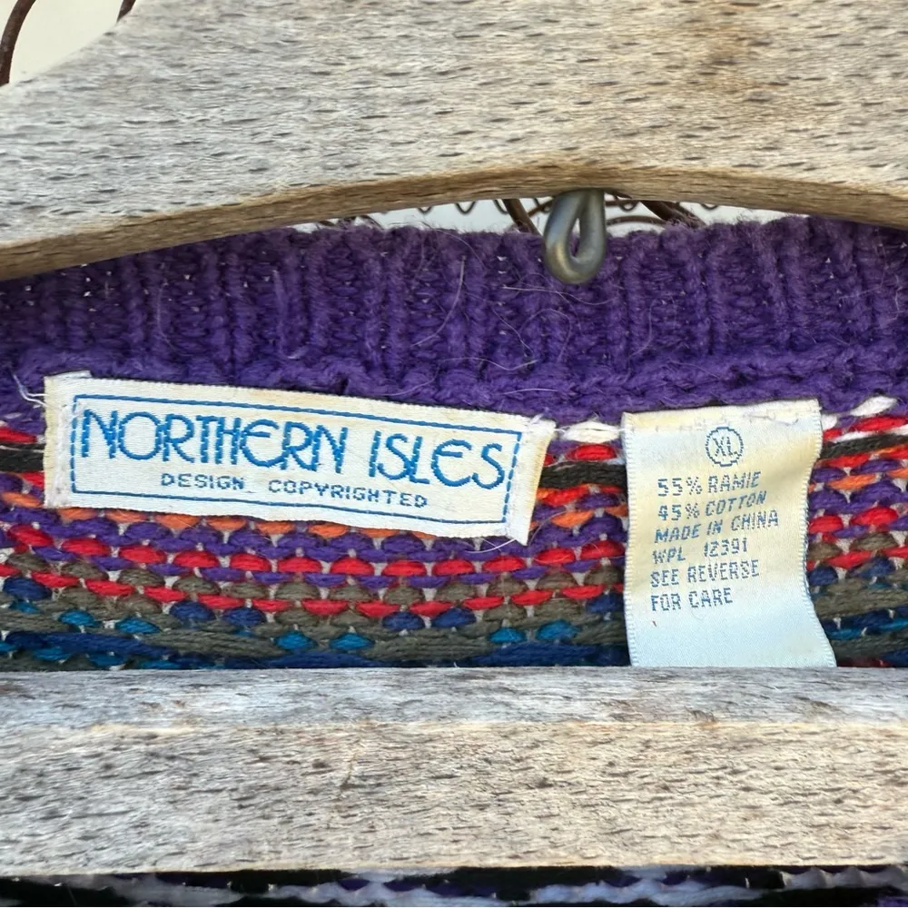 Vintage 90s Northern Isles Purple Fair Isle Gorpcore Knit Cardigan Sweater XL - Image 3