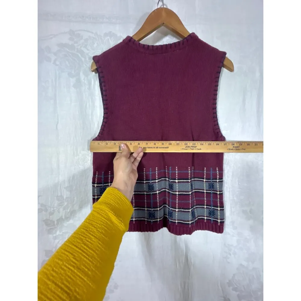VTG Sweater Vest Large Burgundy Leaves Plaid Fall Blanket Stitch Mountain Lake Red - Image 9