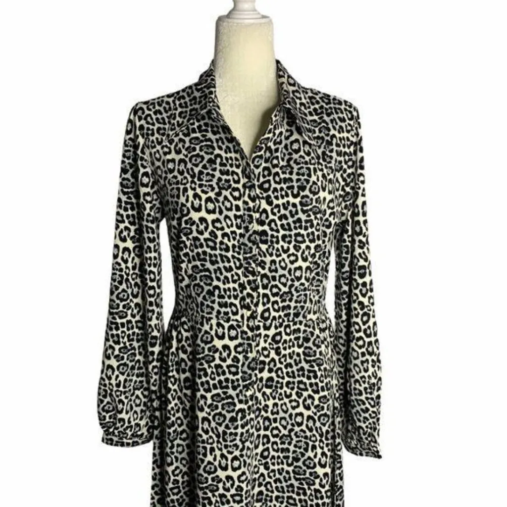 Spirit of Grace Cheetah Print Shirt Dress M White Black Buttons Long Sleeve NEW - Image 2