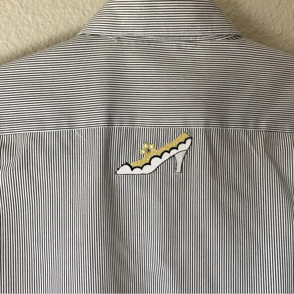 Vintage 90s Las Olas Black& White Striped Button Up Collared High Heel Top Small - Image 4