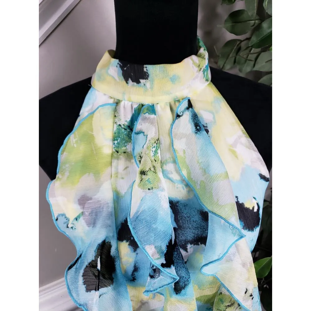 BCX Tank Top Women's Small Halter Neck Sleeveless Beautiful Ruffle Watercolor - Image 3