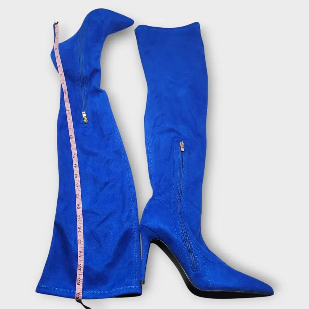 Camssoo Thigh High Faux Suede Stretchy Zip Pointed Toes Stiletto Heel Boot Sz 40 Blue - Image 4