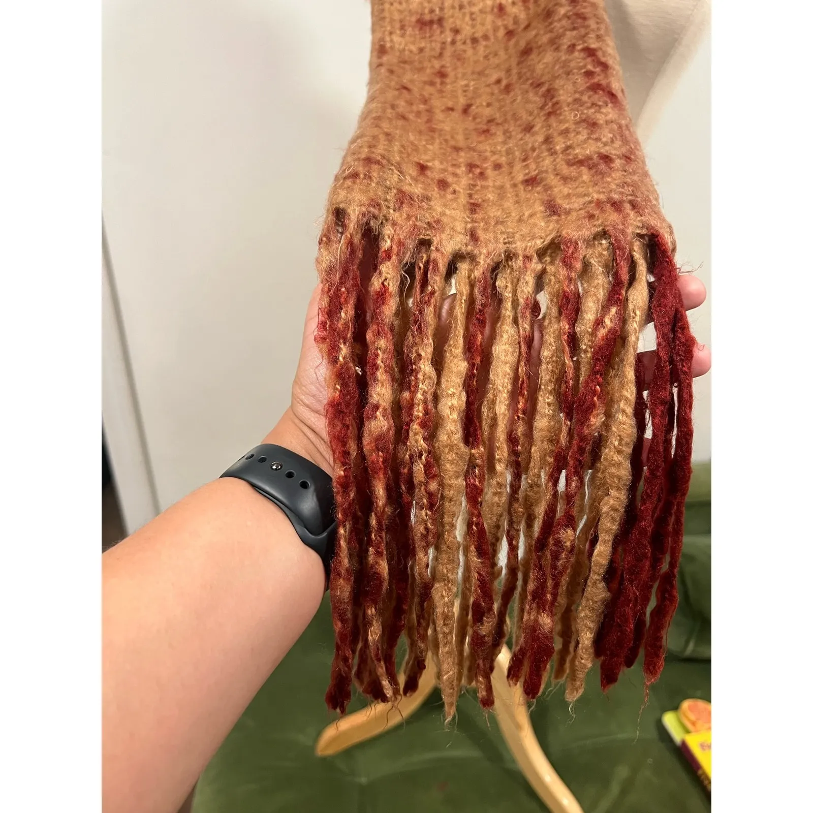 Boho Hippie Knit Striped Scarf Tan Red Soft Comfy Warm - Image 11