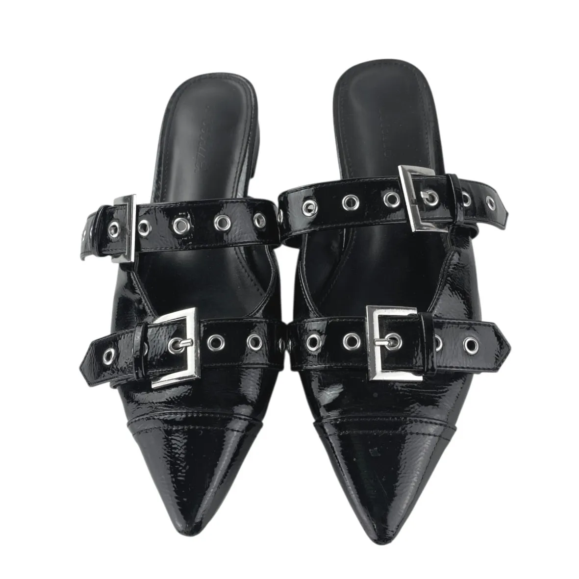 Shoe Dazzle Yasmeen Black Faux Patent Leather Buckle Strap Flats Mules Size 7.5 - Image 2
