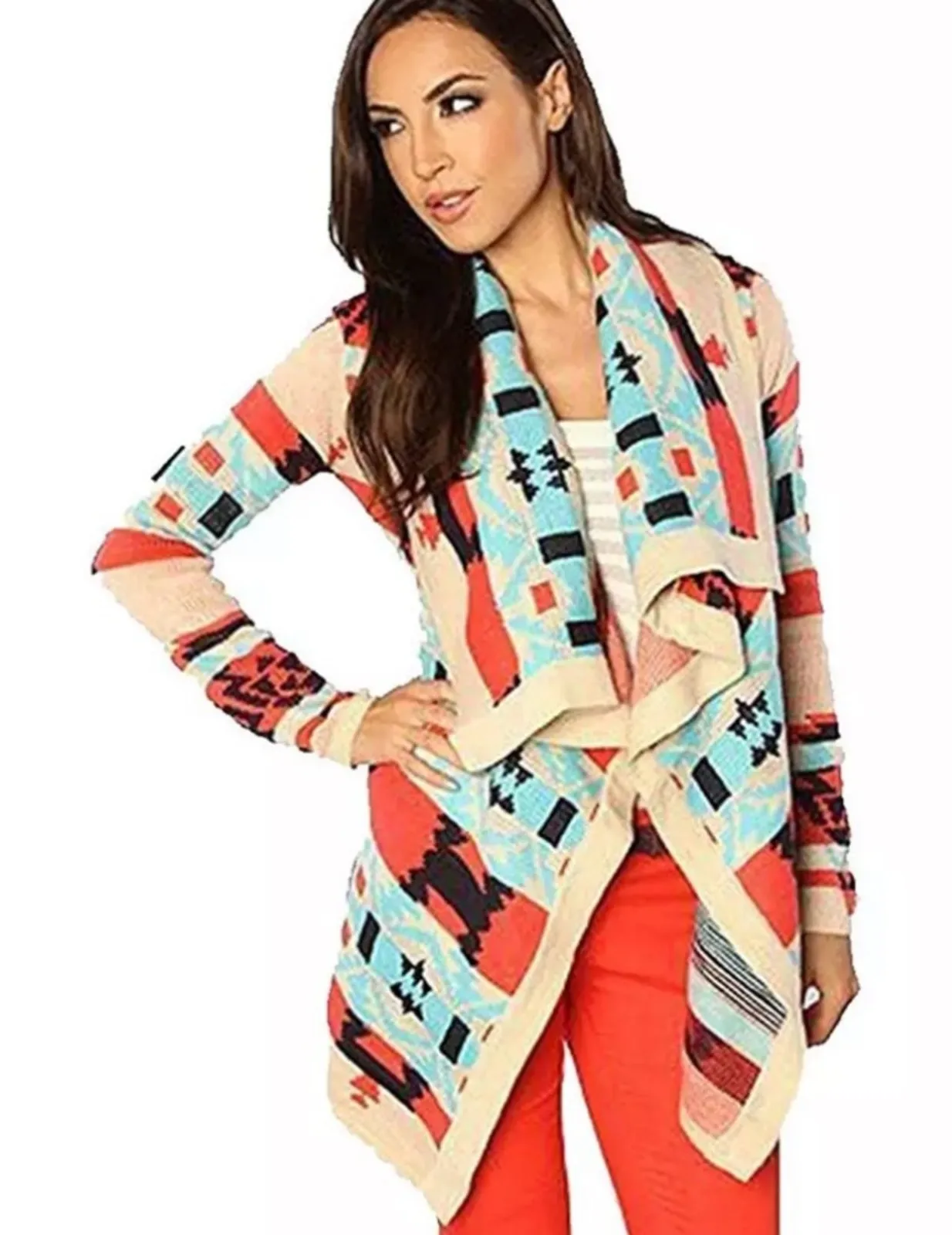 Moon Collection The Bonfire Knit Aztec Multicolor Asymmetrical Open Cardigan S - Image 1