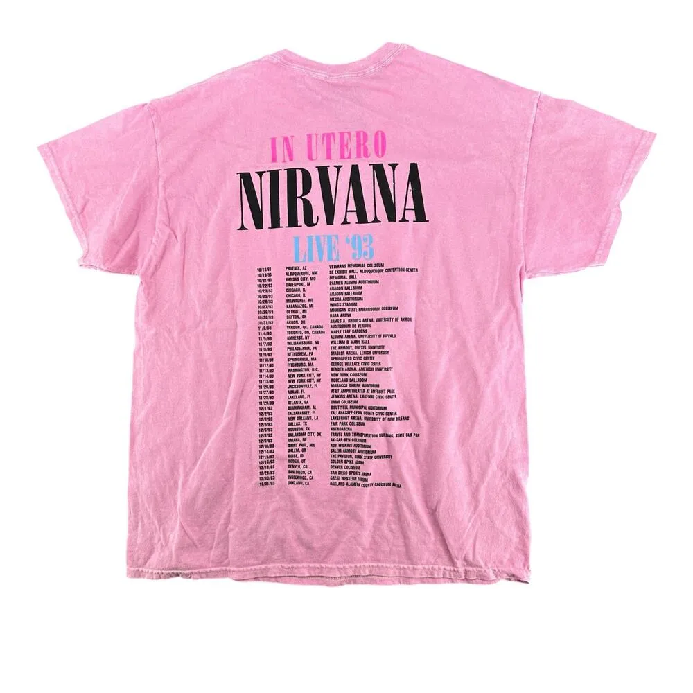 Pink Nirvana Band T-Shirt Unisex In Utero 1993 Tour Cities Reprint Grunge XL - Image 3
