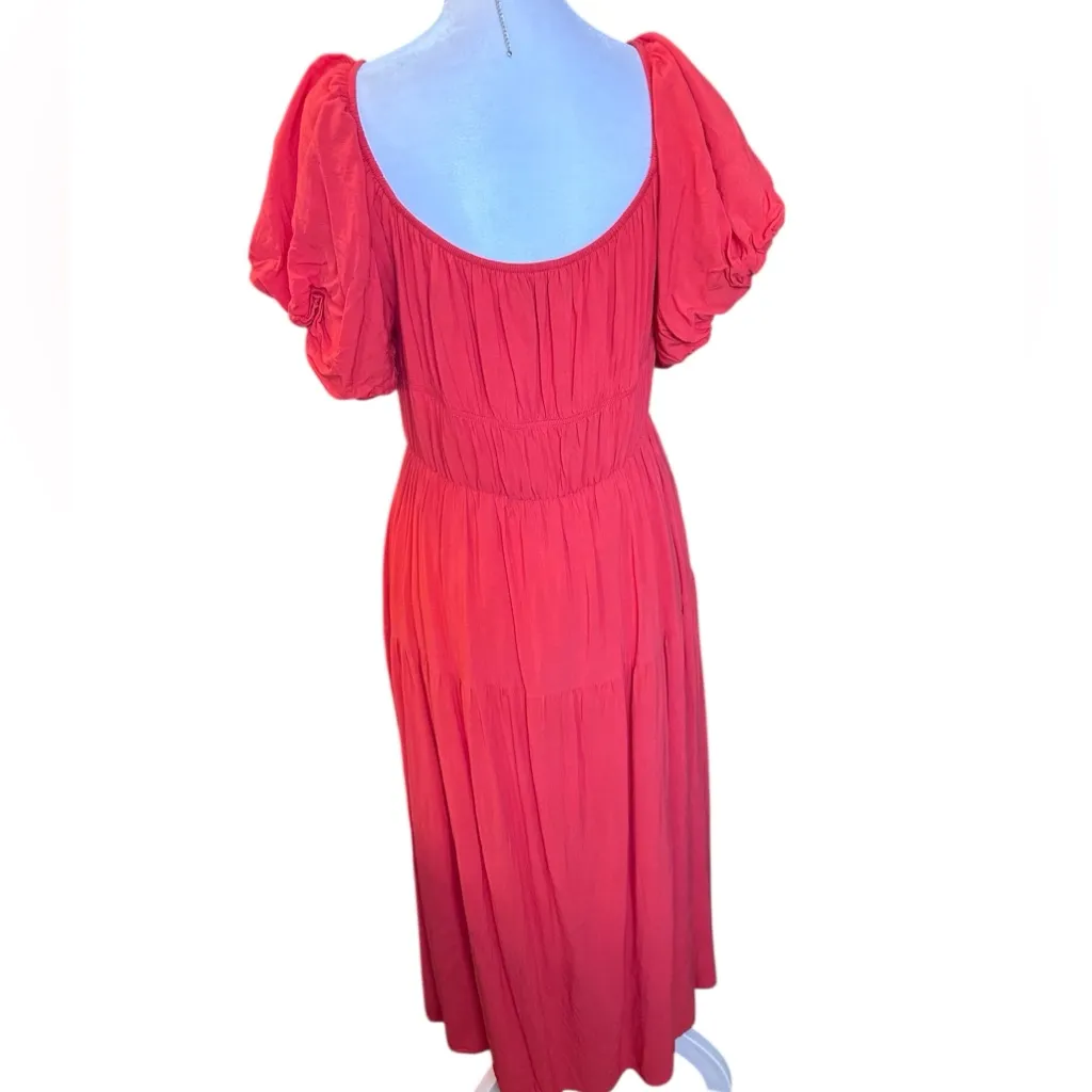 W20. ZESICA Women’s Vibrant Coral Red Puff Sleeve Tiered Midi Rayon Large Dress Size undefined - Image 4