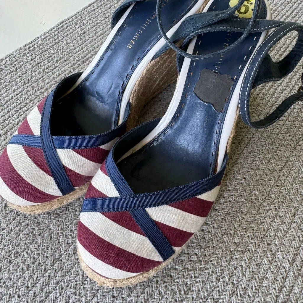 Tommy Hilfiger Red White Navy Blue Ankle Strap Espadrille Wedge Sandals 9 FLAW - Image 8