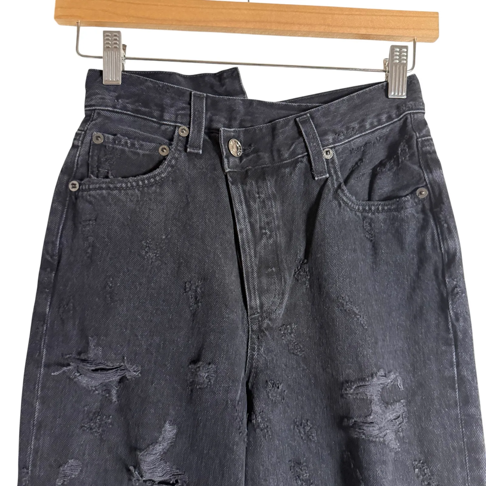 Agolde Criss Cross Straight Leg Distressed Ripped Feverish Black Denim Jeans 23 - Image 5