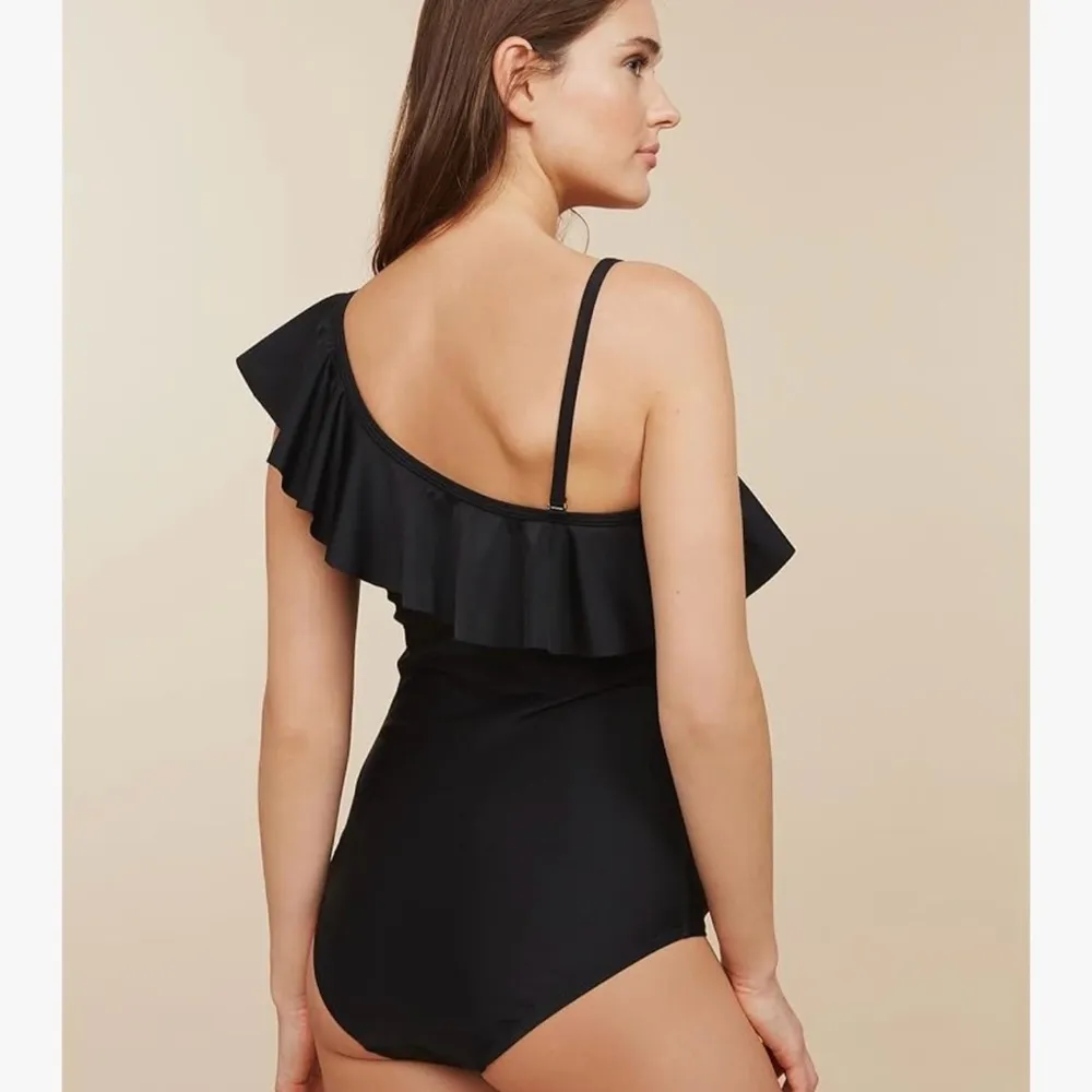 NWOT Women's Maternity Asymmetrical Ruffle One Piece Swimsuit, Black, Large Black - Image 2