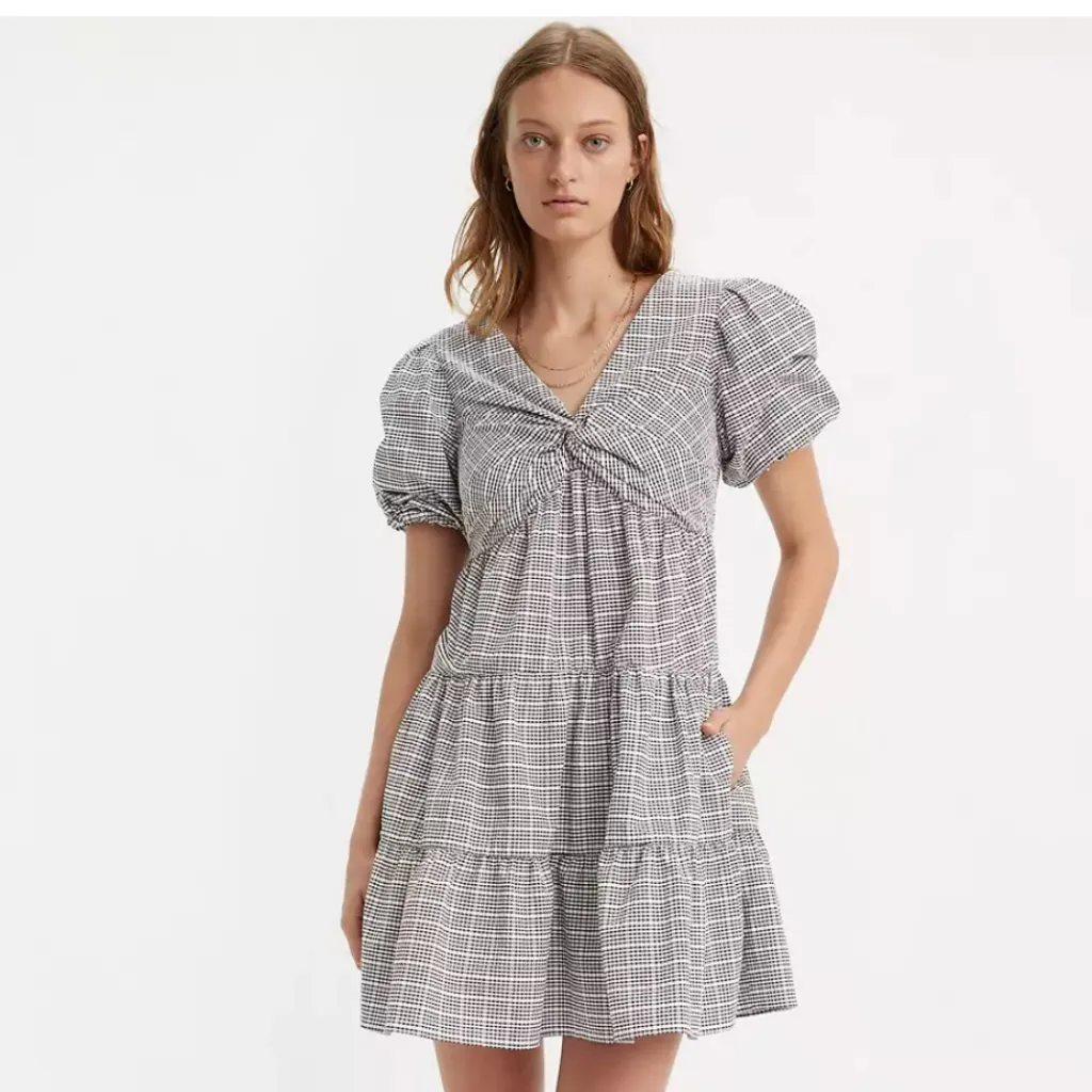 NWT LEVI'S Volume Sleeveless Dress In Katherine Seersucker Plaid Cloud Dancer - Image 3