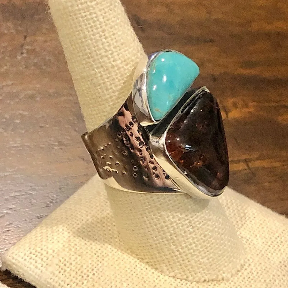 JAY KING Desert Rose Trading Company Turquoise Amber Sterling Silver Ring 8-3/4 - Image 7
