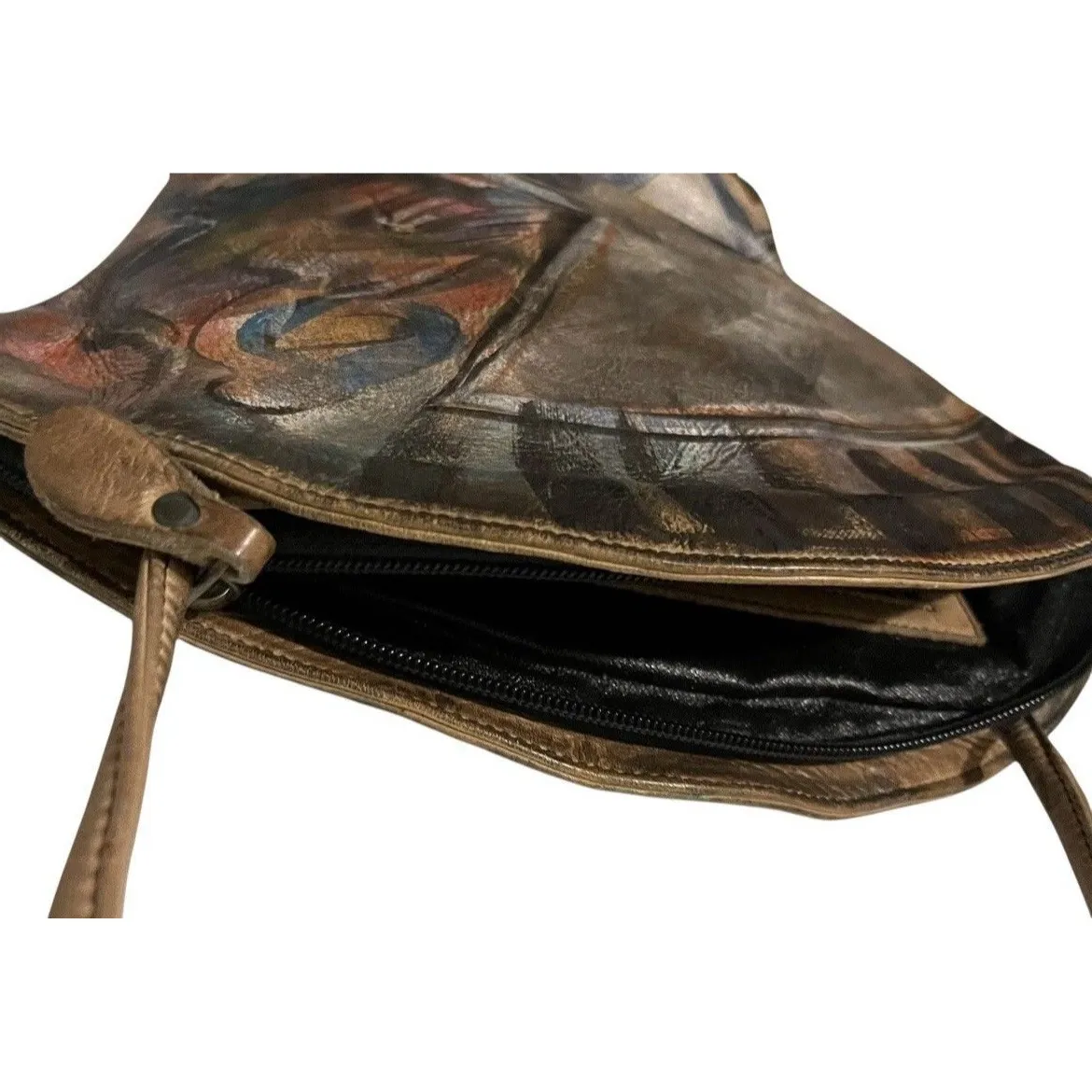 Jane Yoo Wearable Art Handbag Leather Asymmetrical Shoulder Bag Signed Vintage Tan - Image 5