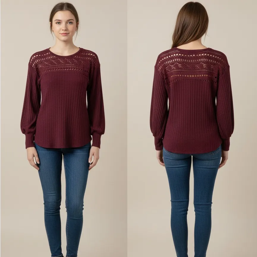 Eyeshadow burgundy maroon crochet detail ribbed blouse boho vibes S - Image 2