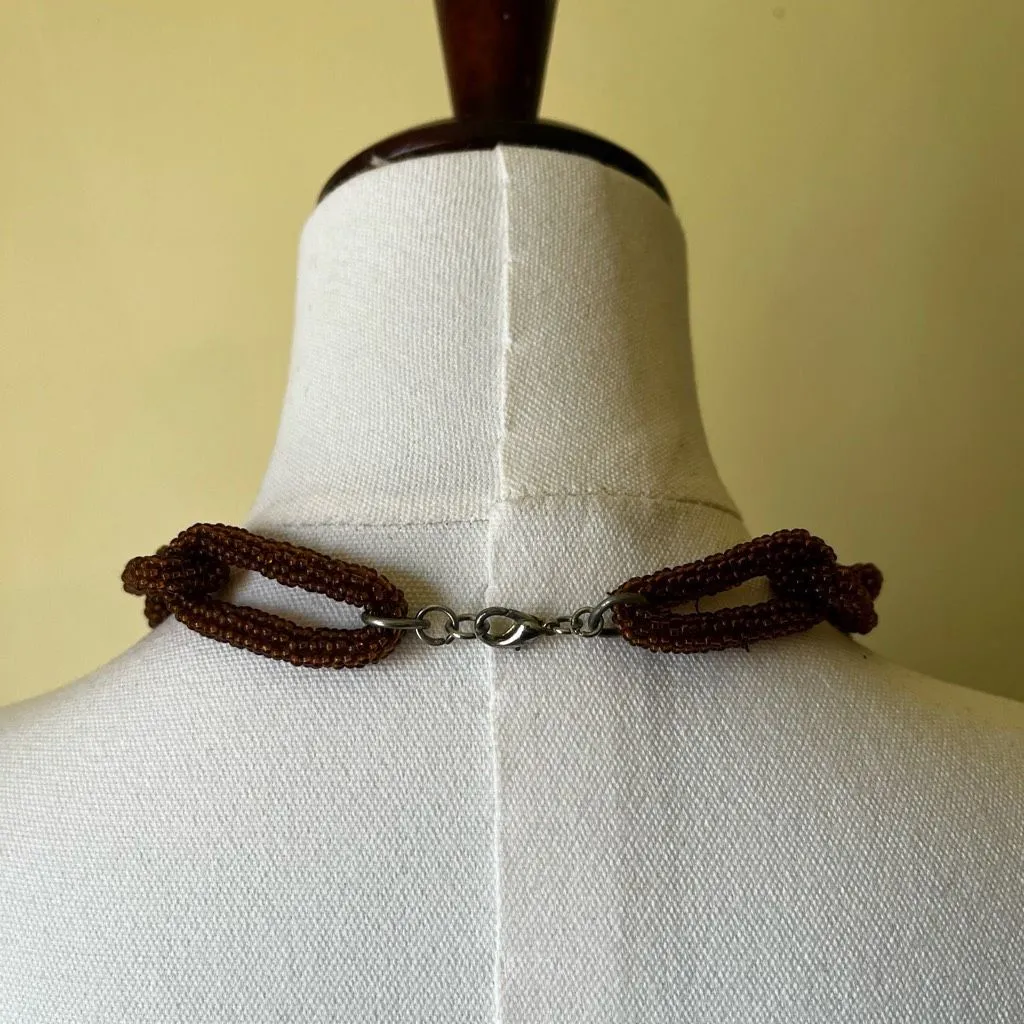 Vintage 70s Glass Seed Bead‎ Chain Link Necklace Brown Beaded Boho Statement Size 27 - Image 5
