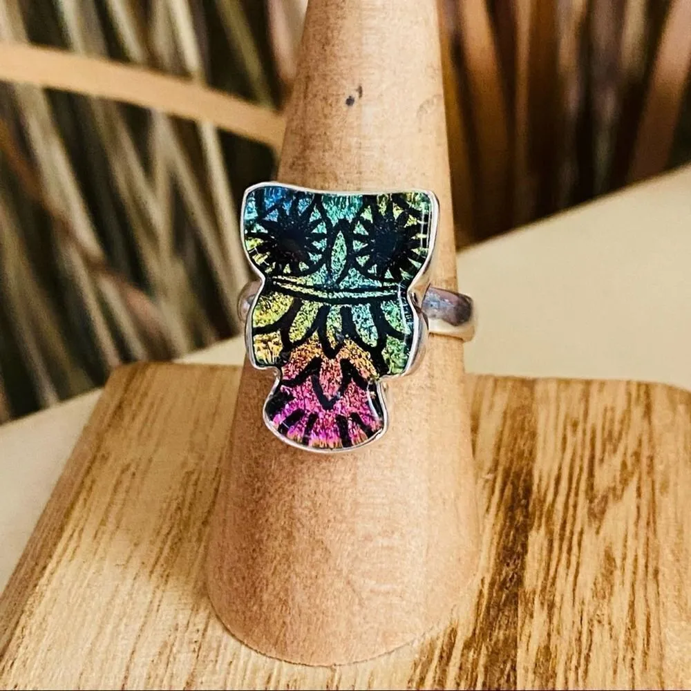 Owl Dichroic Glass Solid Sterling Silver Ring Size 7 - Image 2