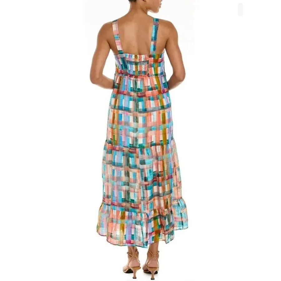 Marie Oliver Petra Multicolor Plaid Sleeveless Square Neck Flounce Midi Dress‎ S - Image 6