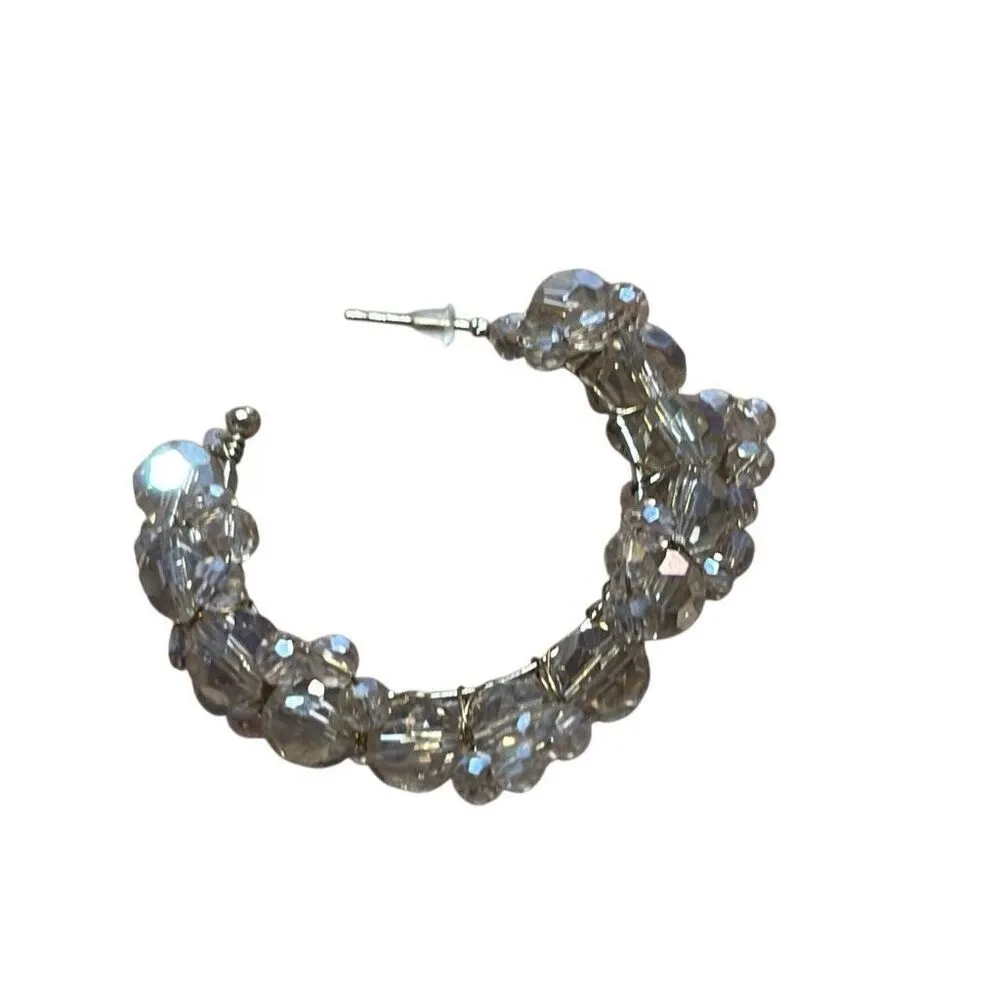 Iridescent Faceted Gemstone Beaded Gold Hoop Earrings Statement Pink Beige Tan - Image 2