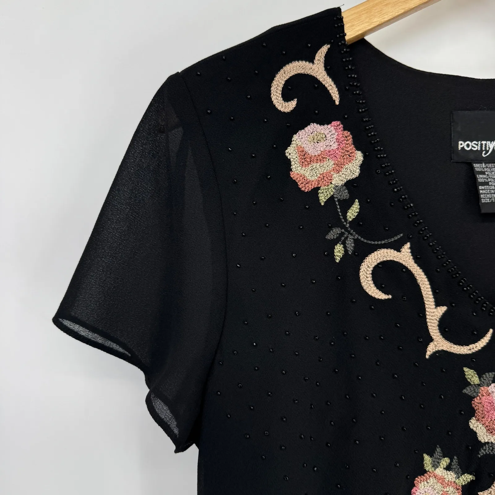 Vintage 90s Positive Attitude Dress Womens 12 Black Embroidered Beaded Romantic - Image 6