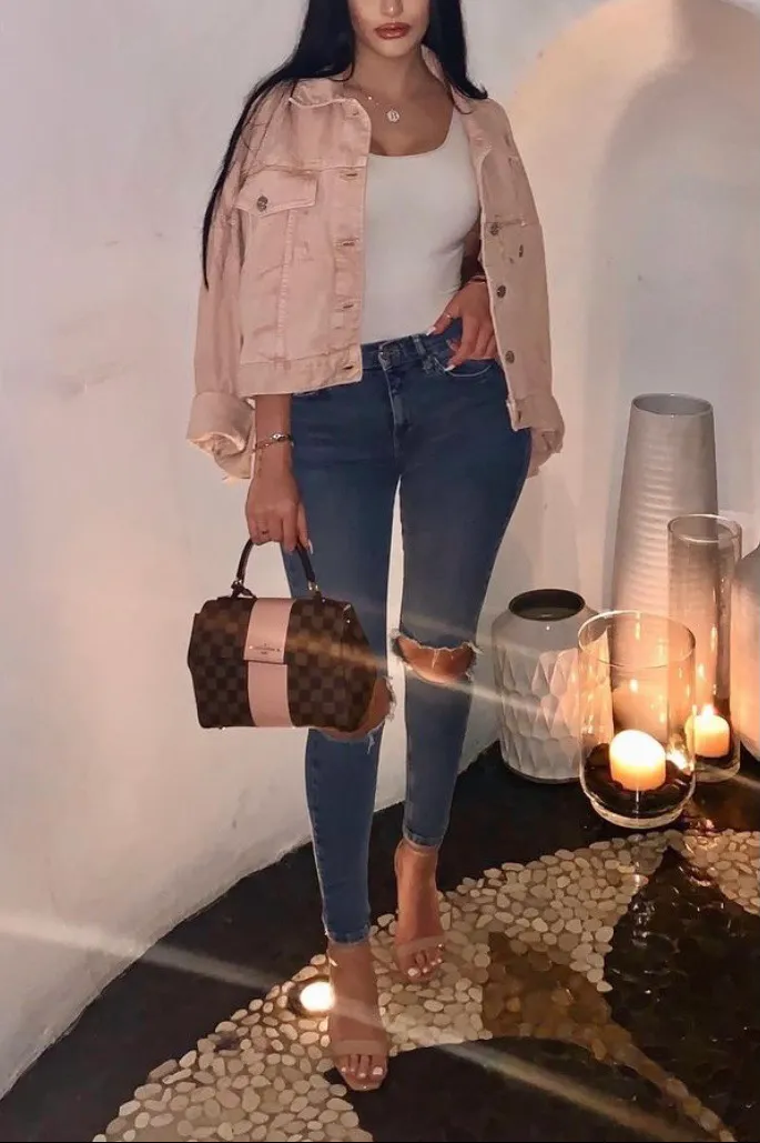 Pink Cut Out Sleeve Denim Jacket - Image 5