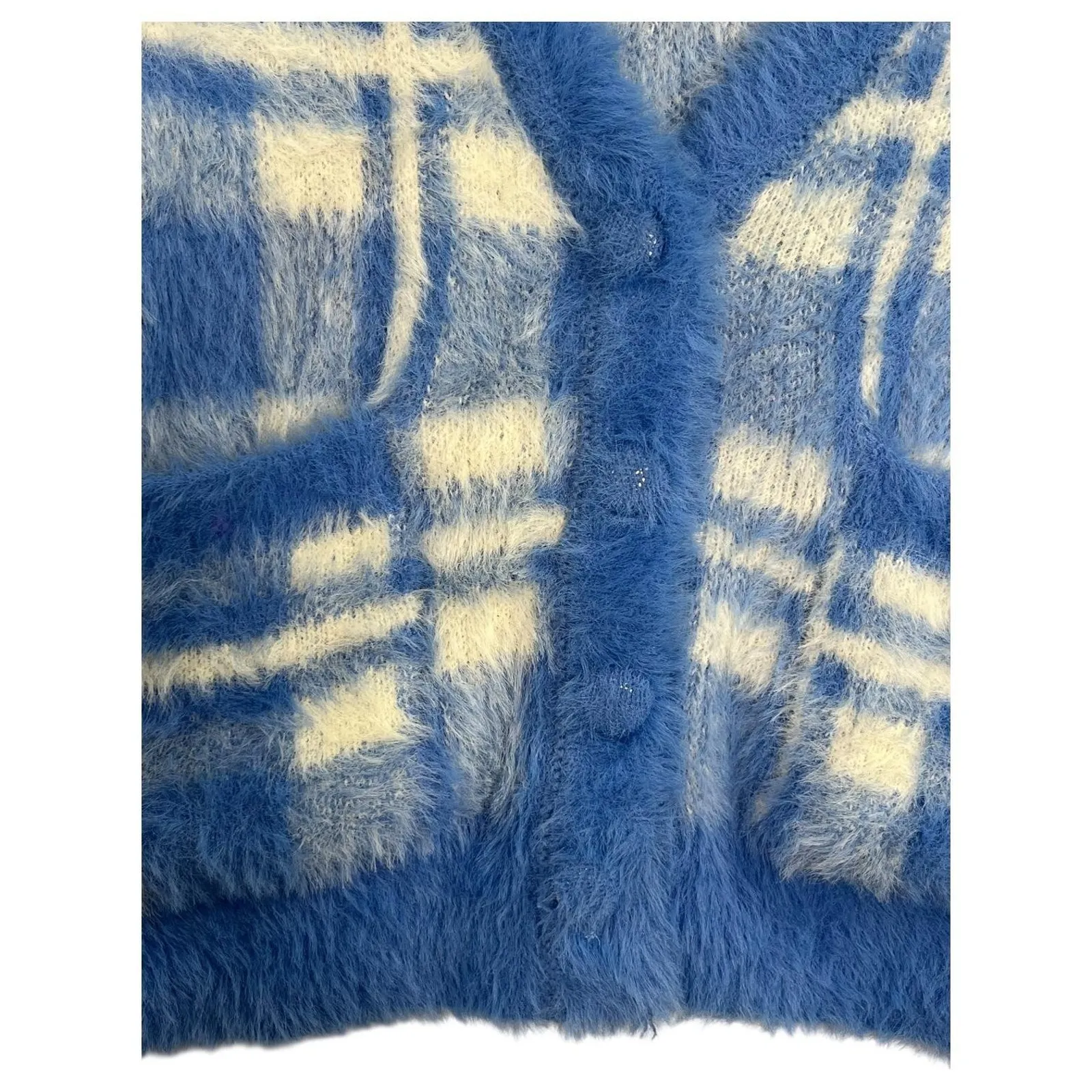 Altard State Cardigan Sweater Womens Small Blue White Fuzzy Plaid Cropped - Image 6