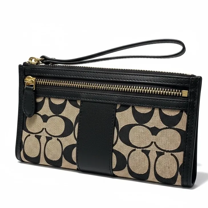 Coach Signature Jacquard Accordion Zip Wallet Black Leather Trim - Image 3