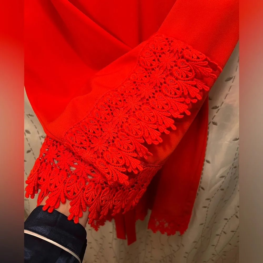 Midi Dress, Crochet Lace, 3/4 Bell Sleeve, V-neck, Belt, Poppy, Sz L - Image 7