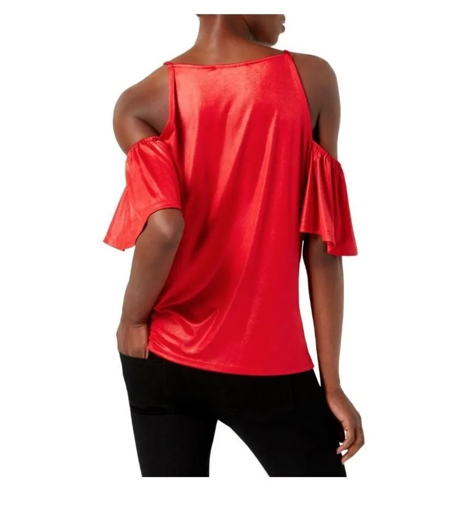 INC Off Shoulder Flutter Sleeves Pullover Top Red Blouse Off Shoulder - Image 2