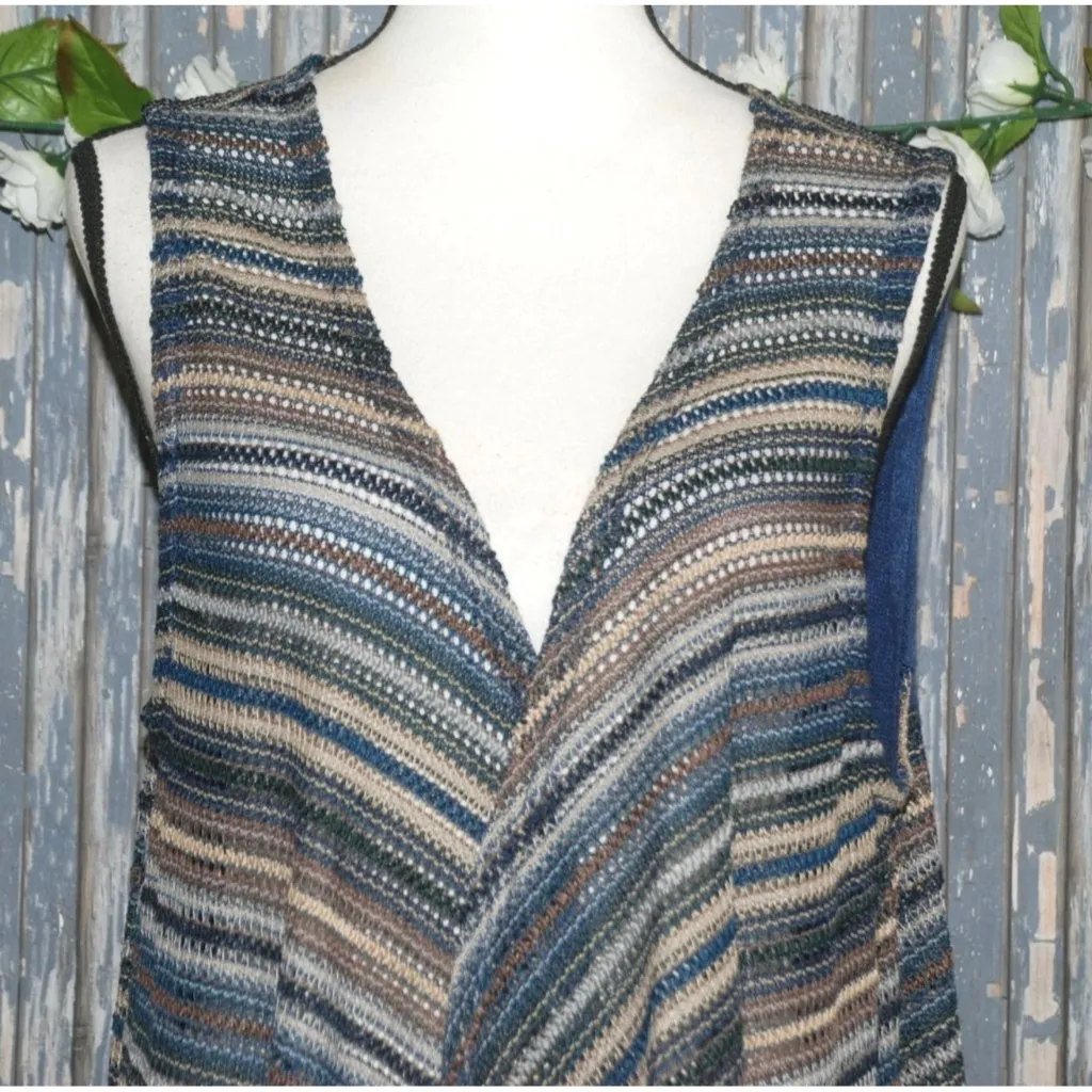 Umgee Striped Cardigan Open Knit Sweater Vest S/M Boho Long Fringe Hem Festival - Image 8
