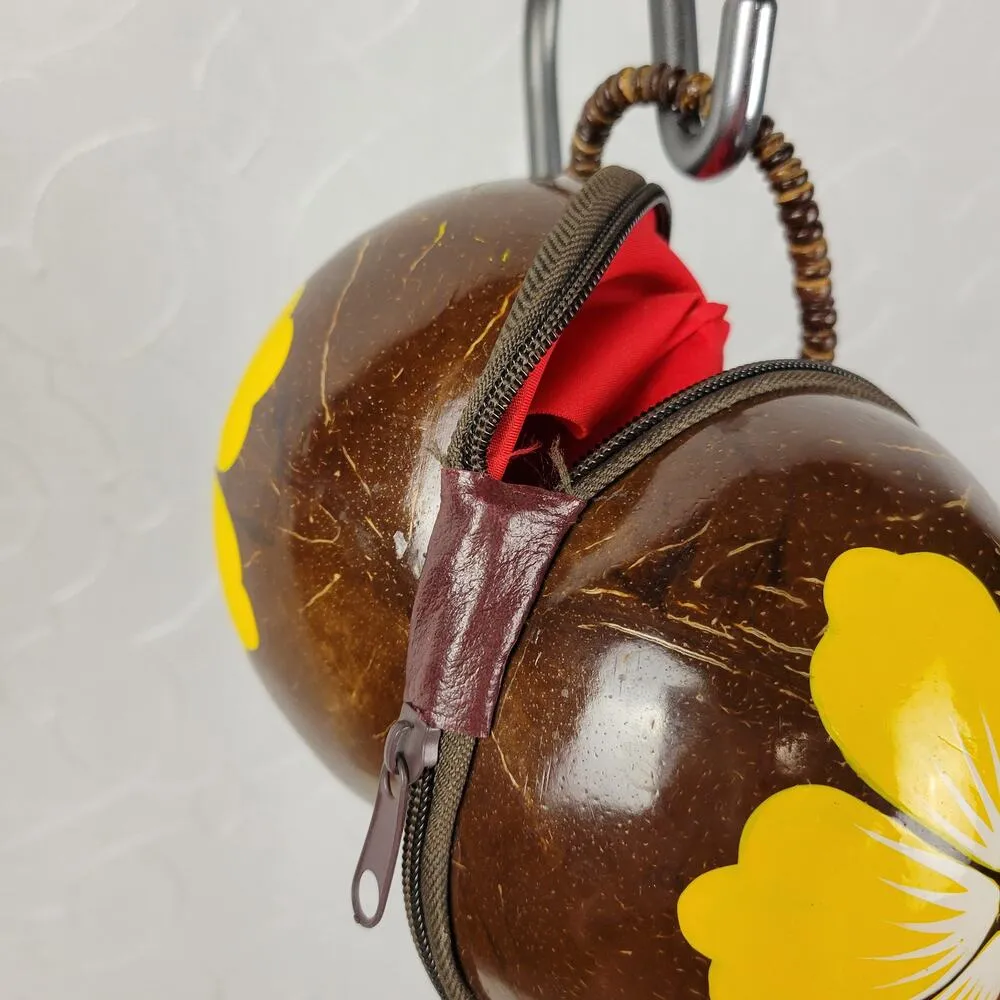 Vintage KC Hawaii Real Coconut Shell Handbag Coin Purse Hand Painted Flower - Image 10