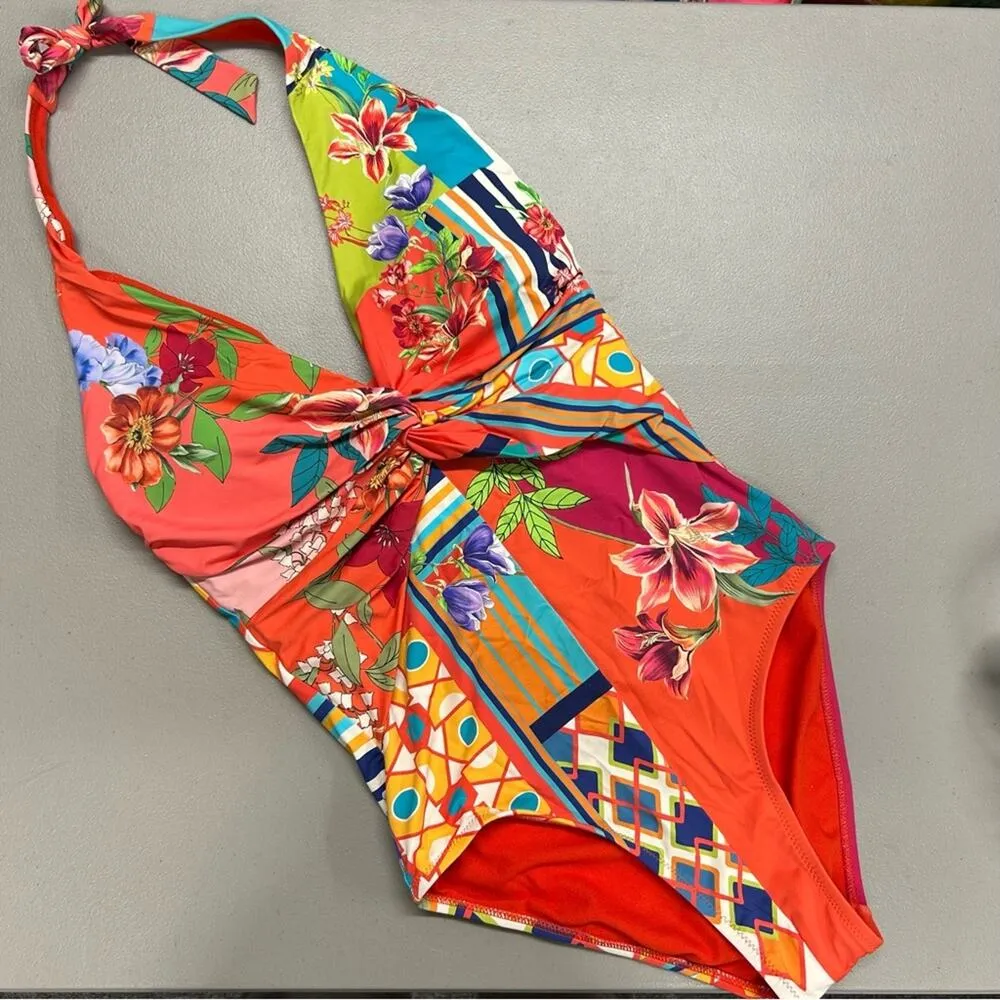 Johnny Was Color Twist One Piece Swimsuit Boho Chic Tie Neck Colorful XS NWT - Image 3